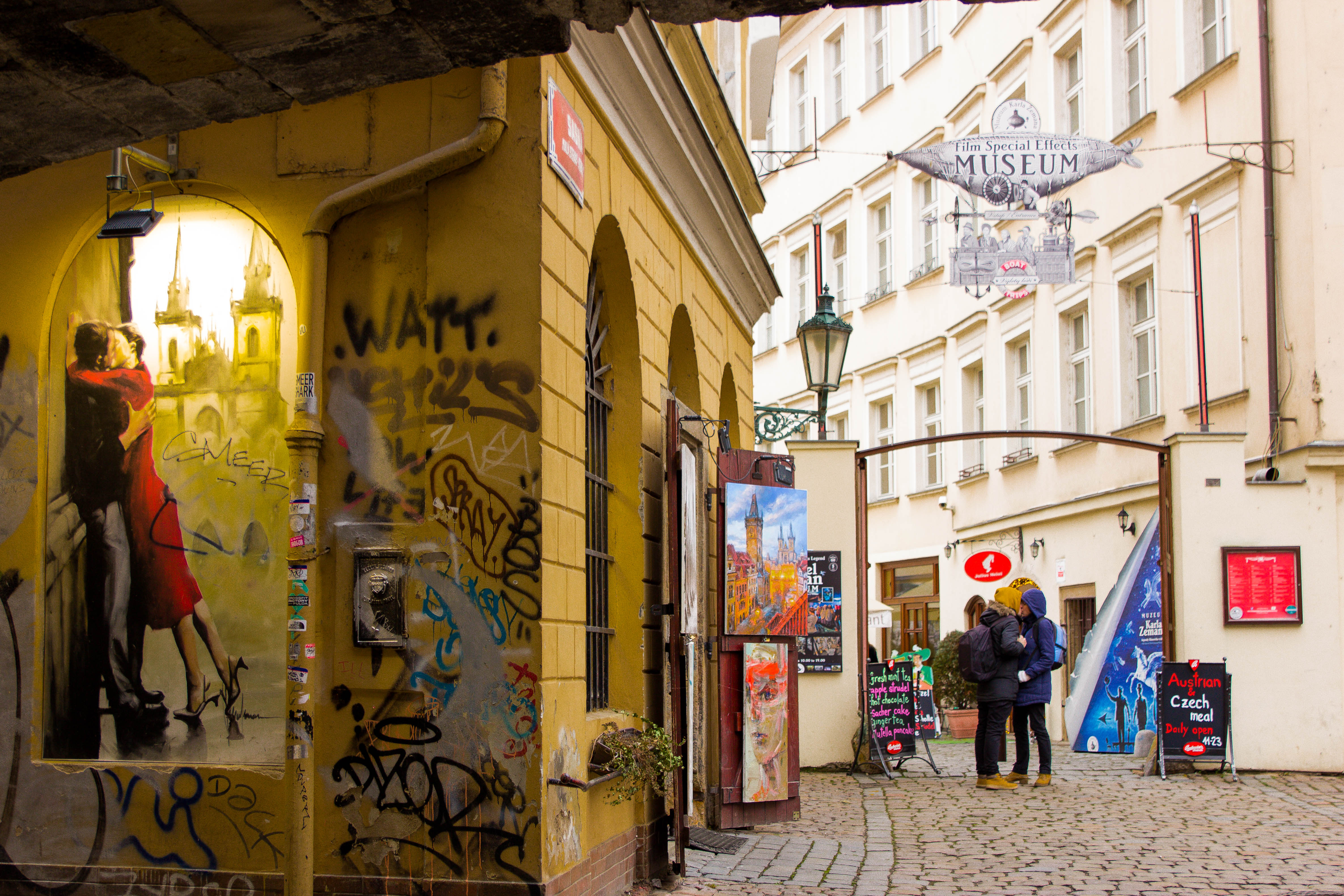 Couple kissing in Prague, Czechia.